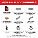 "Available accessories for Milwaukee; oil, threading dies, cutter wheels, jaw inserts, reamer cone, and die heads."