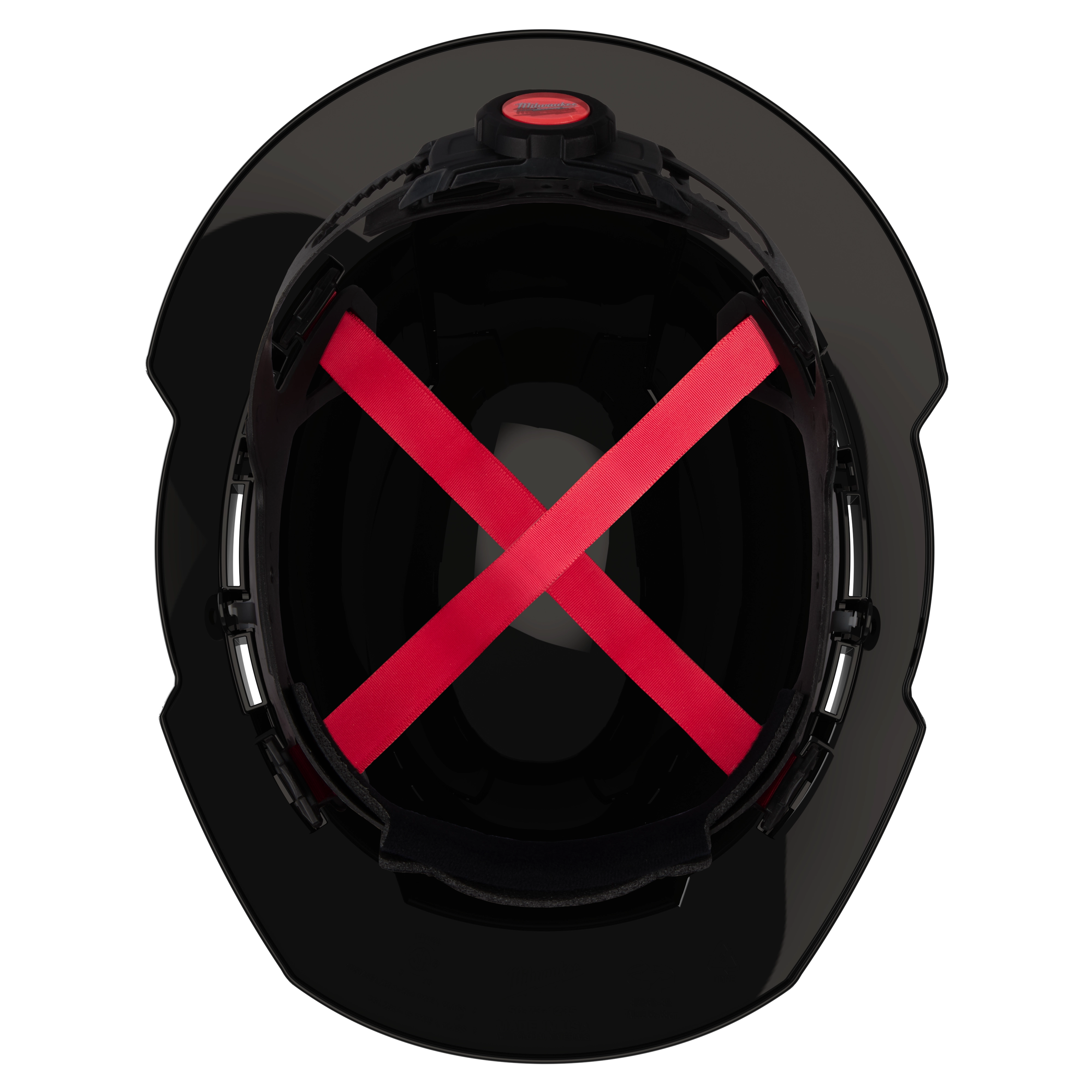 Top view of a black helmet with red interior straps in an X-pattern.