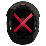 Top view of a black helmet with red interior straps in an X-pattern.