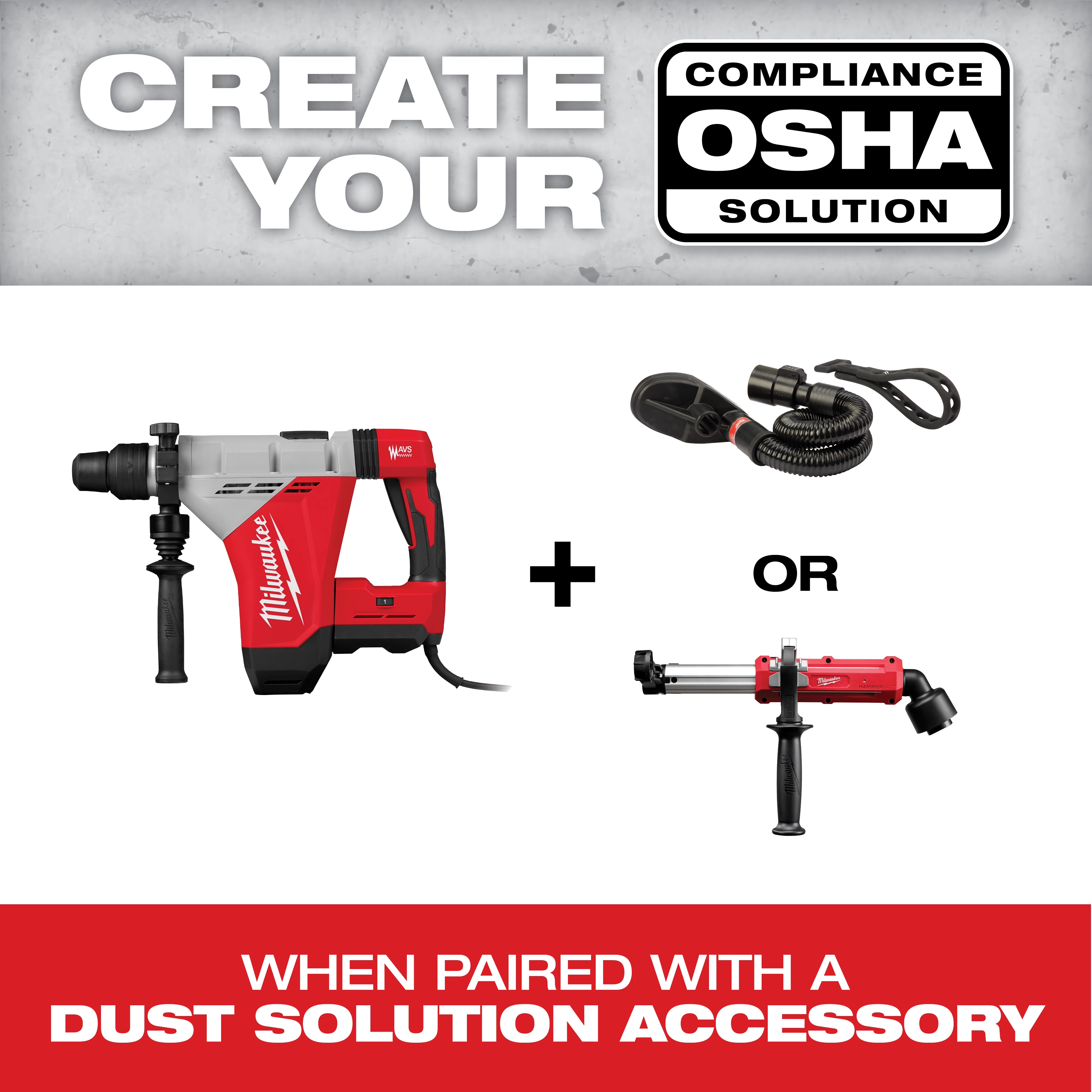 "Milwaukee power drill with OSHA compliance text, plus optional dust solution accessories."