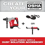 "Milwaukee power drill with OSHA compliance text, plus optional dust solution accessories."