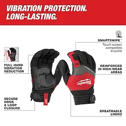 Image of Anti-Vibration Work Gloves, highlighting features including full hand vibration reduction, SMARTSWIPE touch screen compatible knuckle, reinforced high-wear areas, breathable lining, and secure hook and loop closure. The gloves have black and red sections with the brand name visible on them. Text: “Vibration Protection. Long-Lasting.”