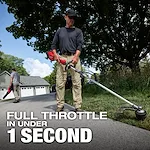 A person uses the M18 FUEL™ String Trimmer w/ QUIK-LOK™ Kit on a driveway, with bold text stating "FULL THROTTLE IN UNDER 1 SECOND" in the foreground, and another person using a blower in the background near a grey garage. Surrounding greenery and trees are visible.