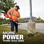 A person operates an M18 FUEL™ String Trimmer w/ QUIK-LOK™ Kit near a parking lot, trimming grass around a concrete pole. The text overlay reads "MORE POWER THAN 31cc GAS." The background includes a building, trees, and landscaped greenery.