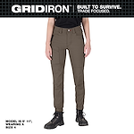 A woman is wearing Women's GRIDIRON Double Knee Jogger Pants in brown. The model is 5' 11" and is wearing a size 4. The pants feature multiple pockets and reinforced knee panels. The brand slogan "BUILT TO SURVIVE. TRADE FOCUSED." is displayed at the top.