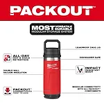 Walkaround image of the Milwaukee PACKOUT 18oz Insulated Bottle with Chug Lid in red highlighting its USPs