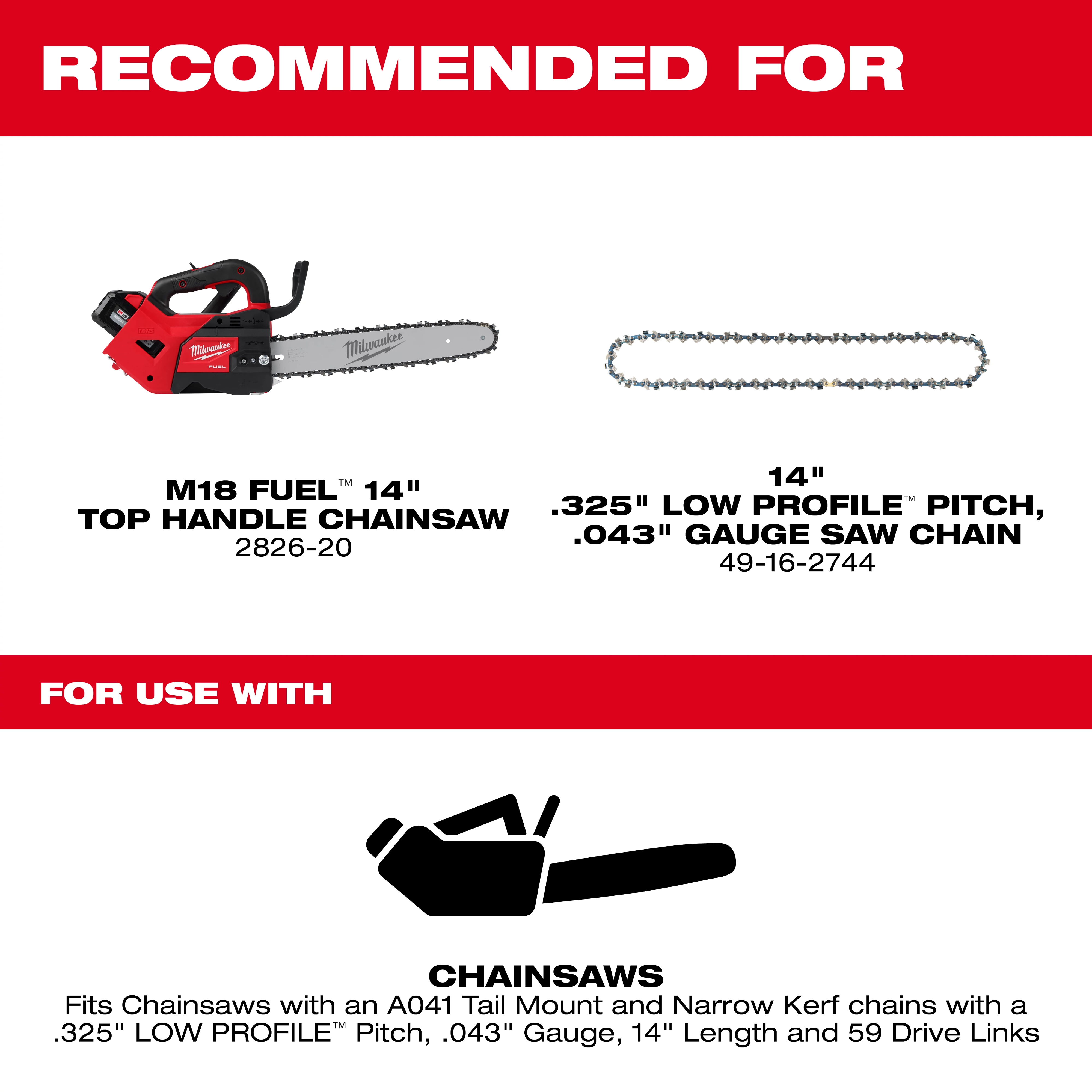 The image shows a recommendation for the M18 FUEL 14" Top Handle Chainsaw (model 2826-20) along with a 14" .325" Low Profile Pitch, .043" Gauge Saw Chain (model 49-16-2744). Below this, there is a section stating “For use with chainsaws” with an icon of a chainsaw. The text specifies compatibility with chainsaws featuring an A041 Tail Mount and Narrow Kerf chains.