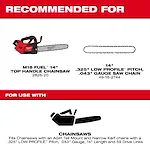 The image shows a recommendation for the M18 FUEL 14" Top Handle Chainsaw (model 2826-20) along with a 14" .325" Low Profile Pitch, .043" Gauge Saw Chain (model 49-16-2744). Below this, there is a section stating “For use with chainsaws” with an icon of a chainsaw. The text specifies compatibility with chainsaws featuring an A041 Tail Mount and Narrow Kerf chains.