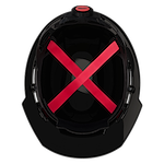 Top view of a black helmet with red interior straps arranged in an X pattern.