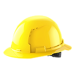 A bright yellow construction helmet with a visor, side vents, and an adjustable strap.