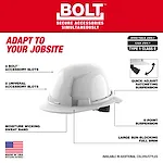 Image of a BOLT™ White Front Brim Hard Hat w/6pt Ratcheting Suspension (USA) - Type 1, Class E. The hard hat features 4 BOLT™ accessory slots, 2 universal accessory slots, a moisture-wicking sweatband, quick-adjust ratcheting suspension, 6-point suspension, and a large sun-blocking full brim. Text highlights its compliance with ANSI/ISEA Z89.1 and CSA Z94.1 standards. The hat is labeled "Adapt to Your Jobsite" and is made in the USA with global materials.