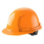 Bright orange construction hard hat with a black adjustable strap at the back.