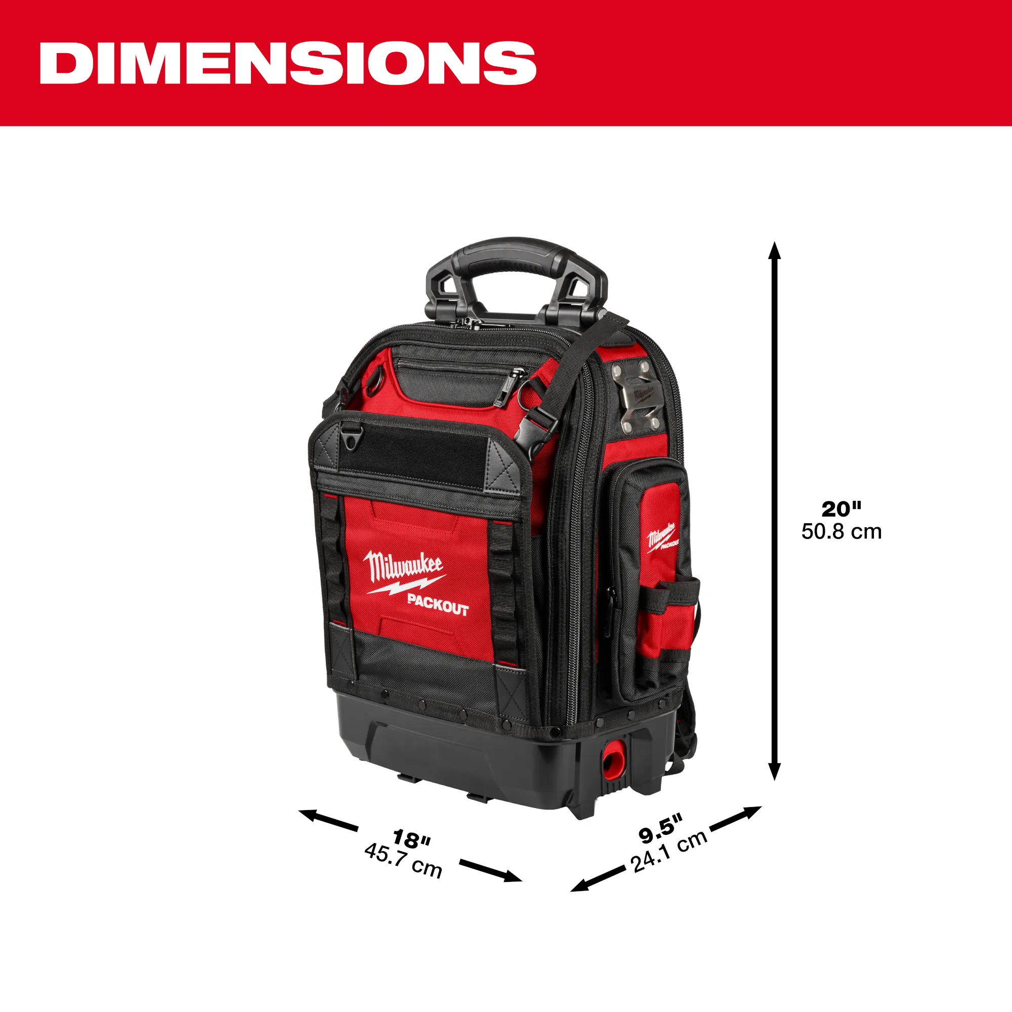 Image of the Milwaukee PACKOUT Structured Backpack dimensions