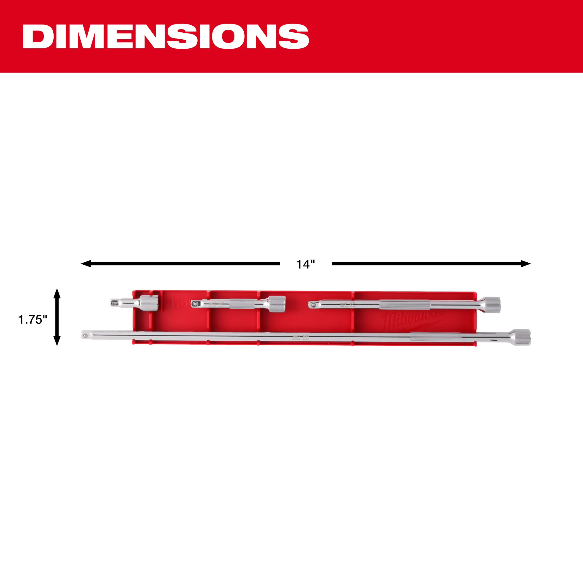 Image of the Milwaukee 4pc 1/4” Drive Extension Set dimensions