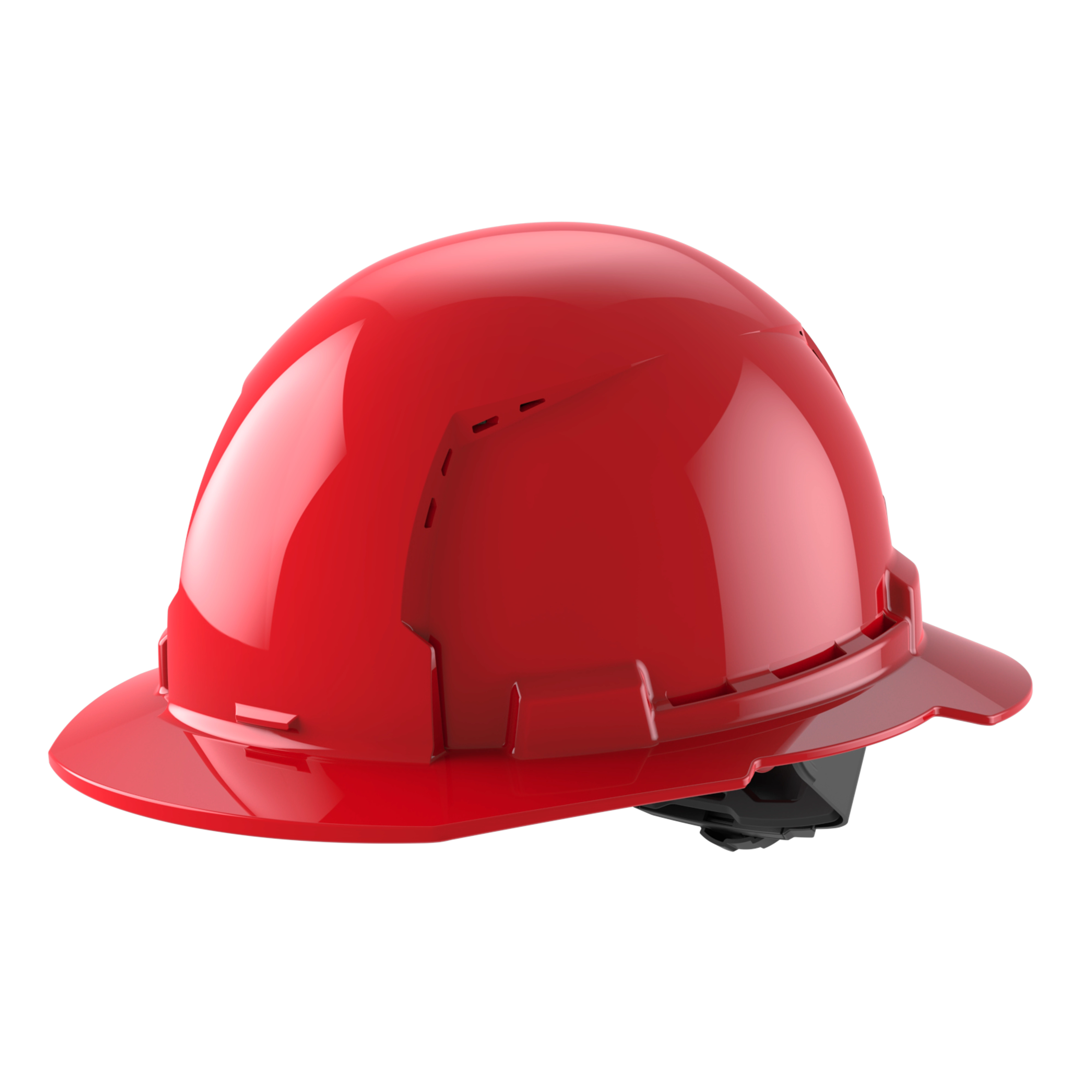 Red construction hard hat with a glossy finish on a white background.