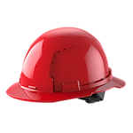 Red construction hard hat with a glossy finish on a white background.