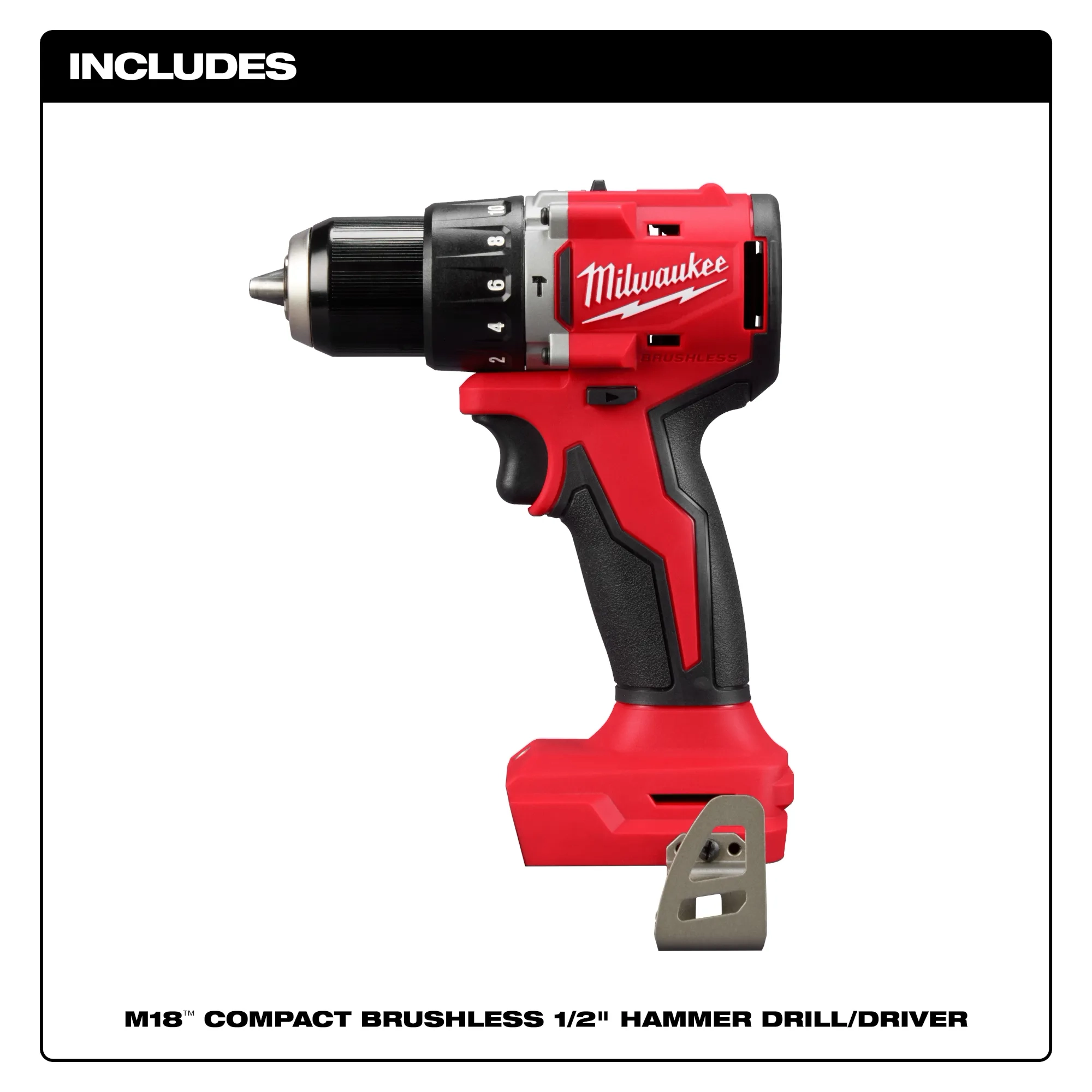 Includes one M18 Compact Brushless 1/2" Hammer Drill/Driver