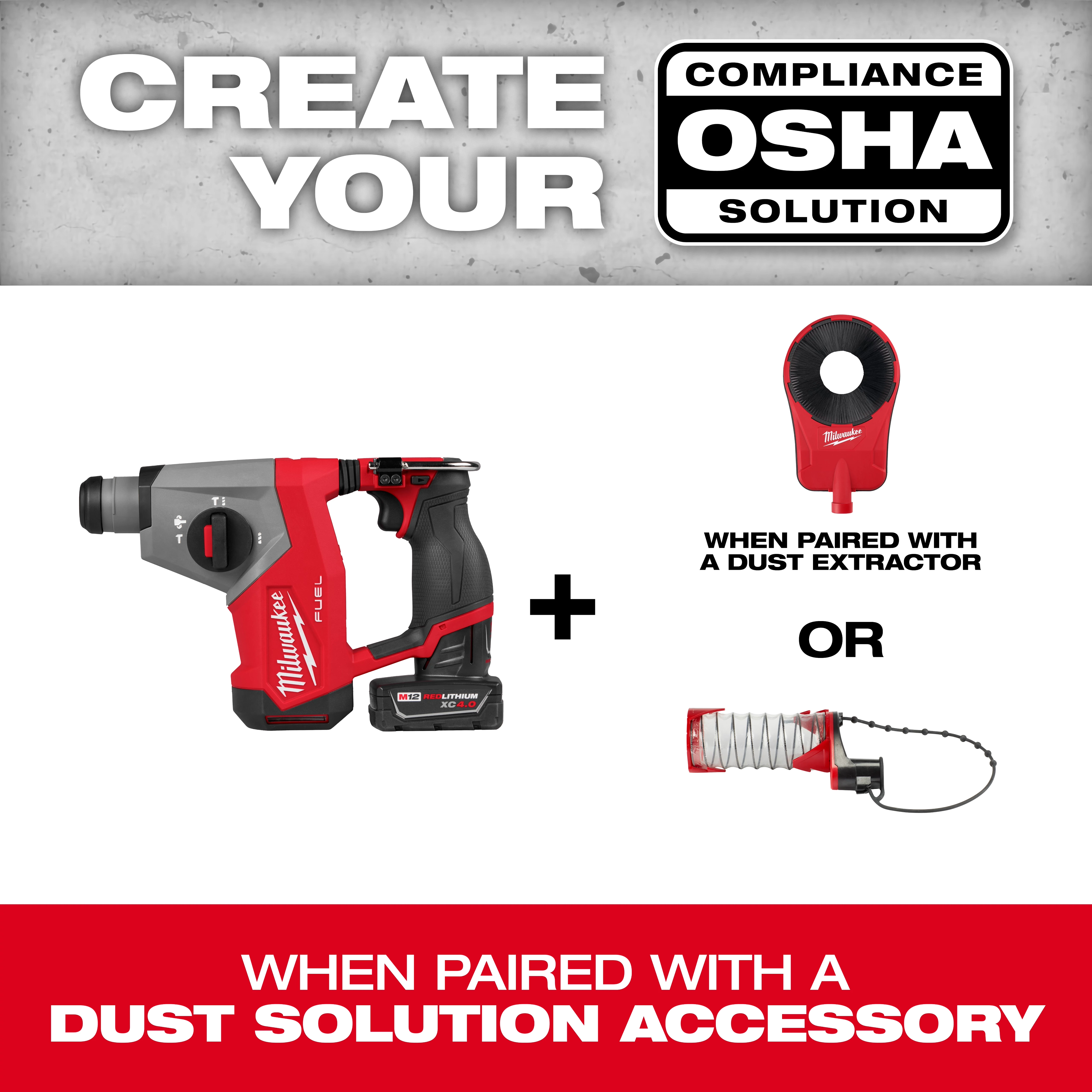 "Milwaukee tool and dust extractors shown to create an OSHA compliance solution, with text instructing to use accessories."