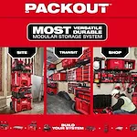 Image of the PACKOUT Modular Storage System shown on a jobsite, in transit, and in a workshop with the text "PACKOUT - Most Versatile, Durable Modular Storage System"