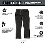 Image showing FREEFLEX™ Tech Pants in black. Features include an elastic stretch waistband, thigh drop pockets with secure zip enclosure, articulating knee dart construction, and wind and water resistance. Engineered for job movement with durable stretch nylon-spandex and crotch gusset design. Available colors are black and gray.