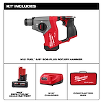 Milwaukee M12 Fuel SDS Plus rotary hammer kit includes a battery, charger, and contractor bag.