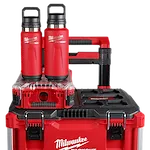 Image of the Milwaukee PACKOUT Insulated Bottles in red sitting on top of the PACKOUT Modular Storage System