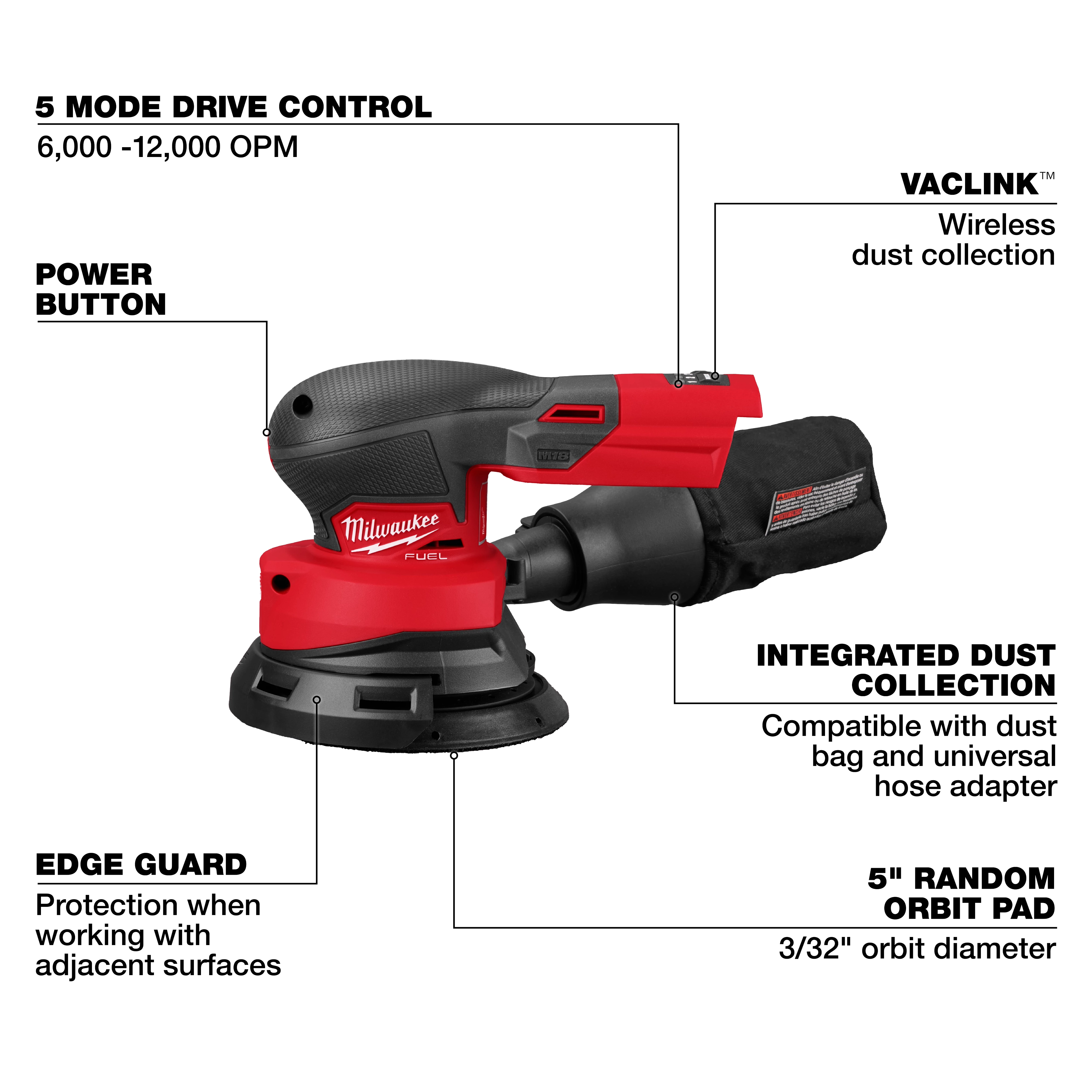 Milwaukee random orbit sander with integrated dust collection, 5 mode control, edge guard, power button, and 5" orbit pad.