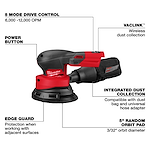 Milwaukee random orbit sander with integrated dust collection, 5 mode control, edge guard, power button, and 5" orbit pad.