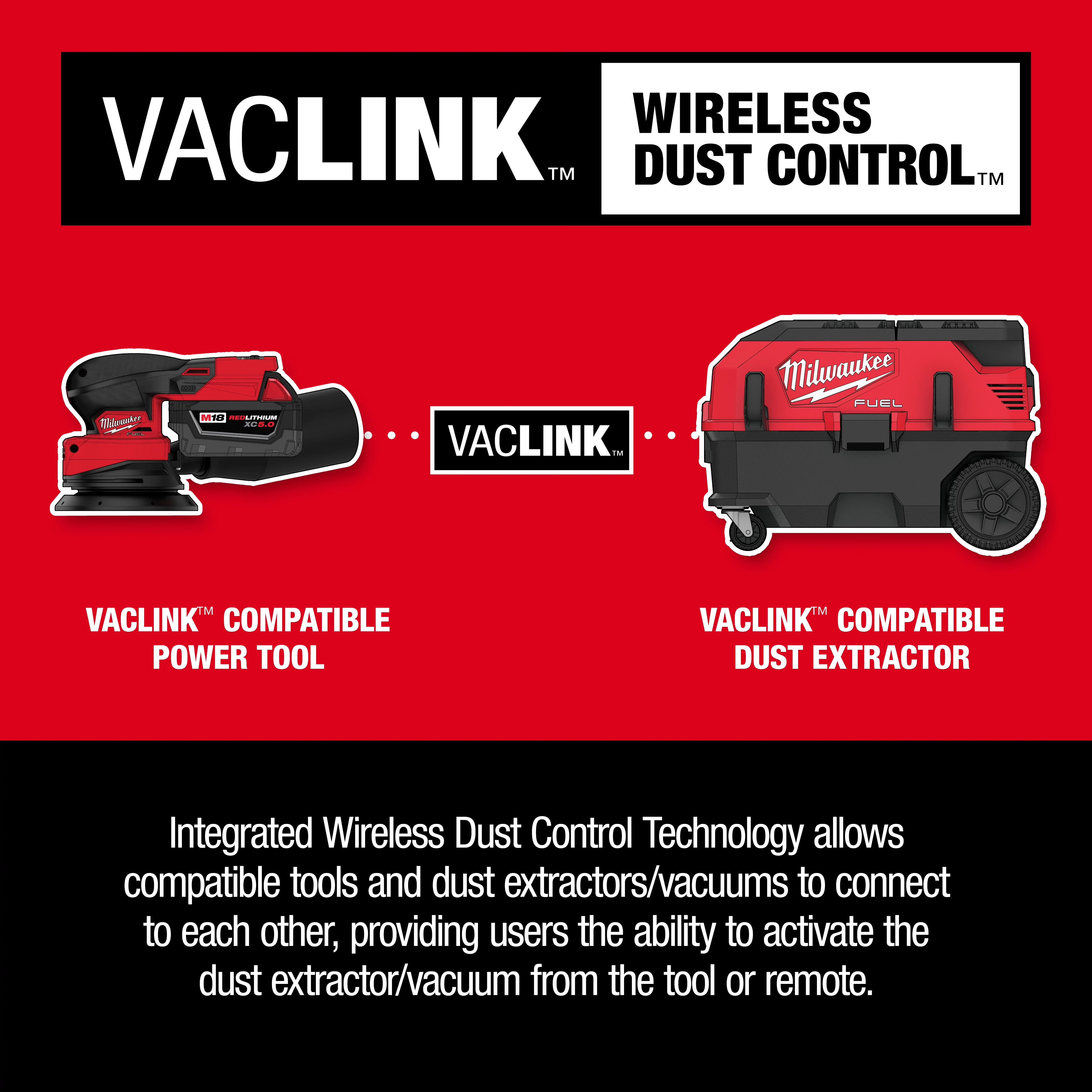 "VACLINK Wireless Dust Control with compatible power tool and dust extractor, enabling activation from tool or remote."