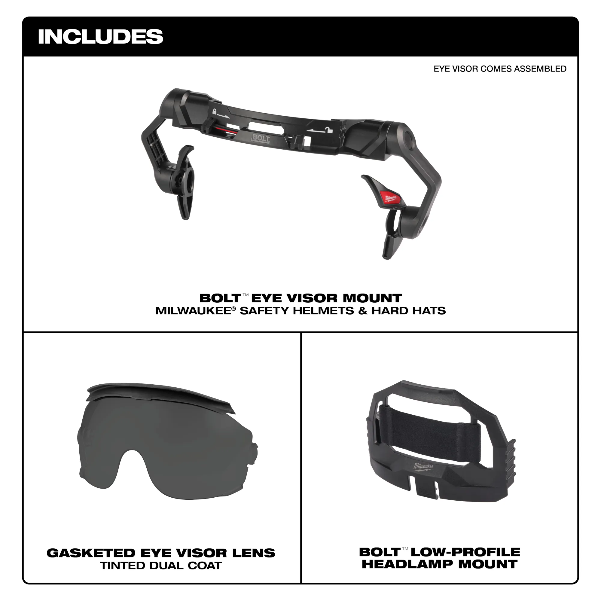 Includes image of the Milwaukee BOLT Tinted Dual Coat Lens Gasketed Eye Visor