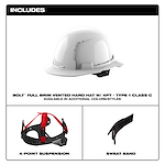 Image of a BOLT™ White Full Brim Vented Hard Hat with 4-point Ratcheting Suspension (USA) - Type 1, Class C. The image also displays included components: a 4-point suspension system and a sweat band. Text indicates that this hard hat is available in additional colors/styles.