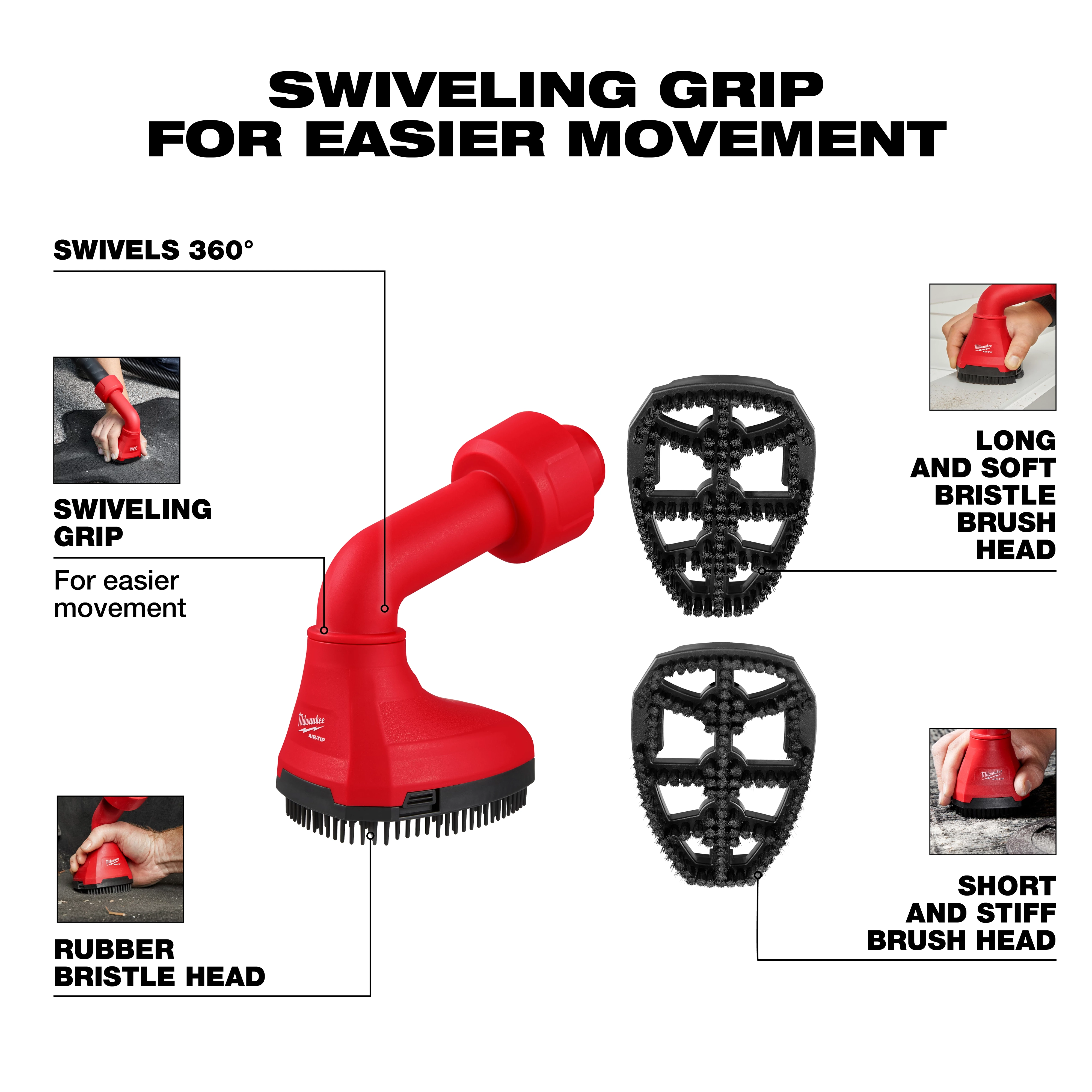 Image of the AIR-TIP™ Swiveling Palm Brush in red, featuring a 360° swiveling grip. The brush is shown with three interchangeable heads: a rubber bristle head, a long and soft bristle brush head, and a short and stiff bristle brush head, designed for easier movement and versatility in cleaning.