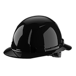 A shiny black hard hat with a front brim and adjustable strap.