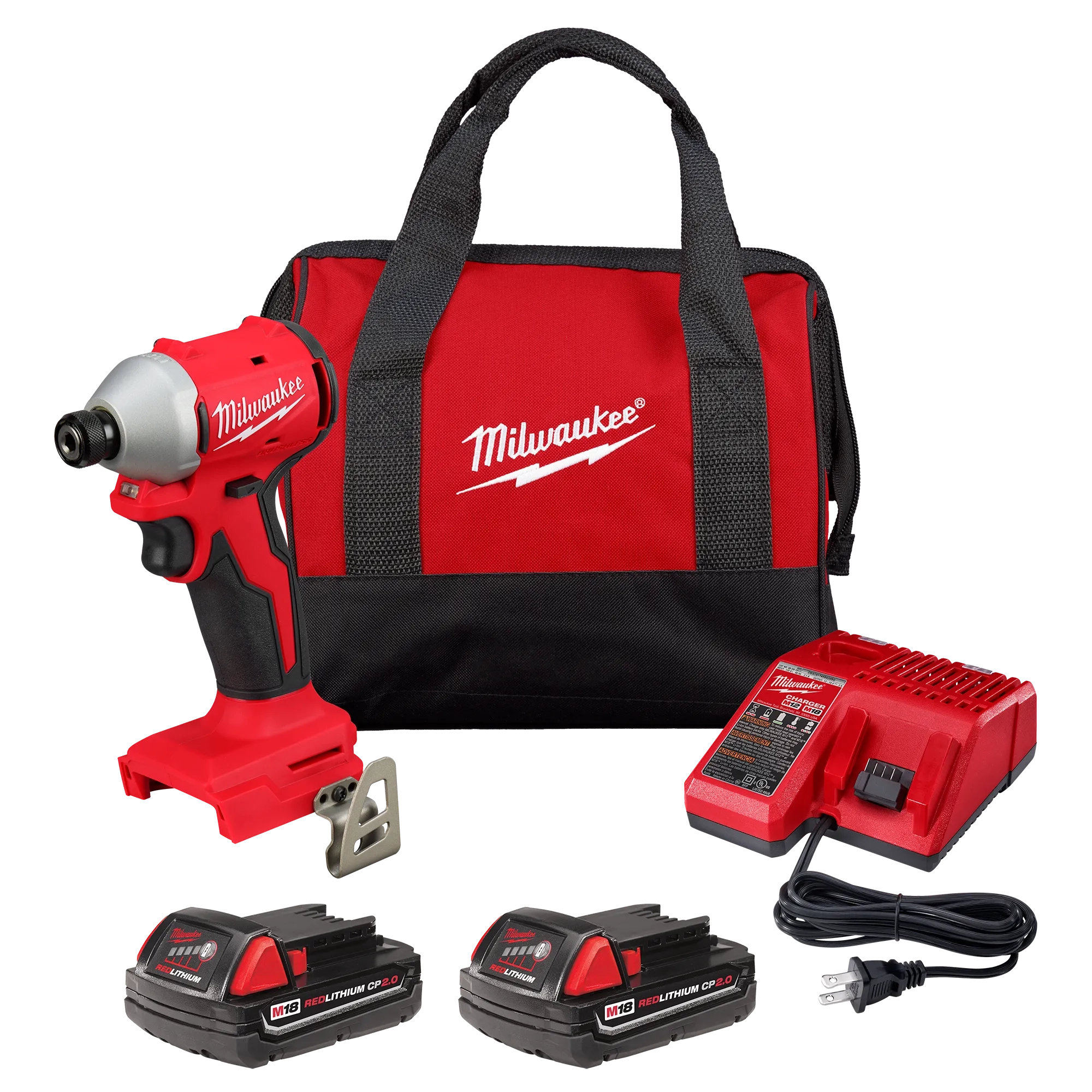 M18 Compact Brushless 1/4" Hex Impact Driver, carrying case, two batteries and a charger