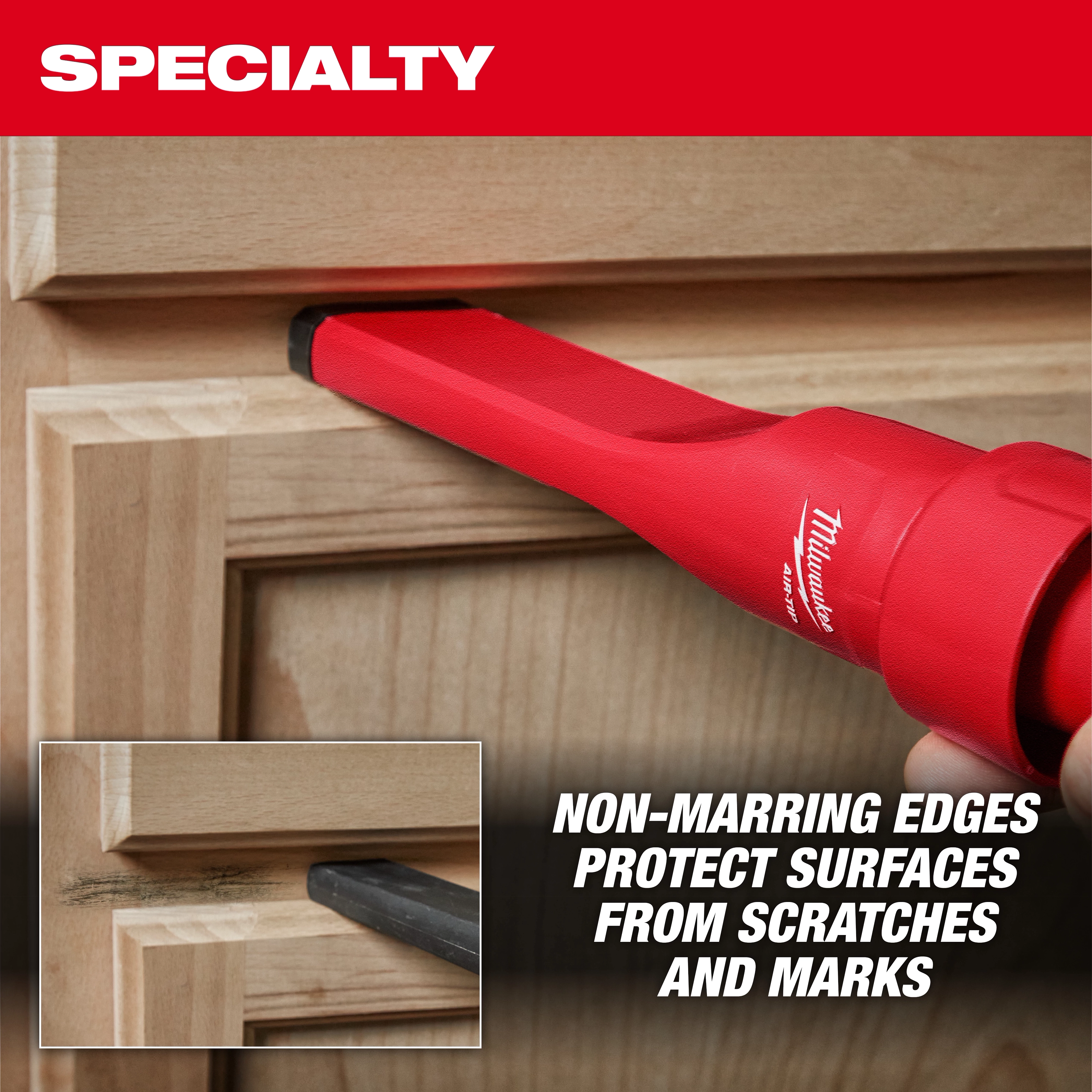 Image of the AIR-TIP™ Non-Marring Utility Nozzle Kit in use on wood trim. The red nozzle is shown cleaning without scratching the surface. Inset shows detail of non-marring edges protecting surfaces from scratches and marks. Text reads, “Non-marring edges protect surfaces from scratches and marks.”