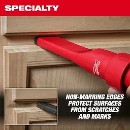 Image of the AIR-TIP™ Non-Marring Utility Nozzle Kit in use on wood trim. The red nozzle is shown cleaning without scratching the surface. Inset shows detail of non-marring edges protecting surfaces from scratches and marks. Text reads, “Non-marring edges protect surfaces from scratches and marks.”