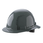 A gray construction hard hat with a wide brim and air ventilation slots.