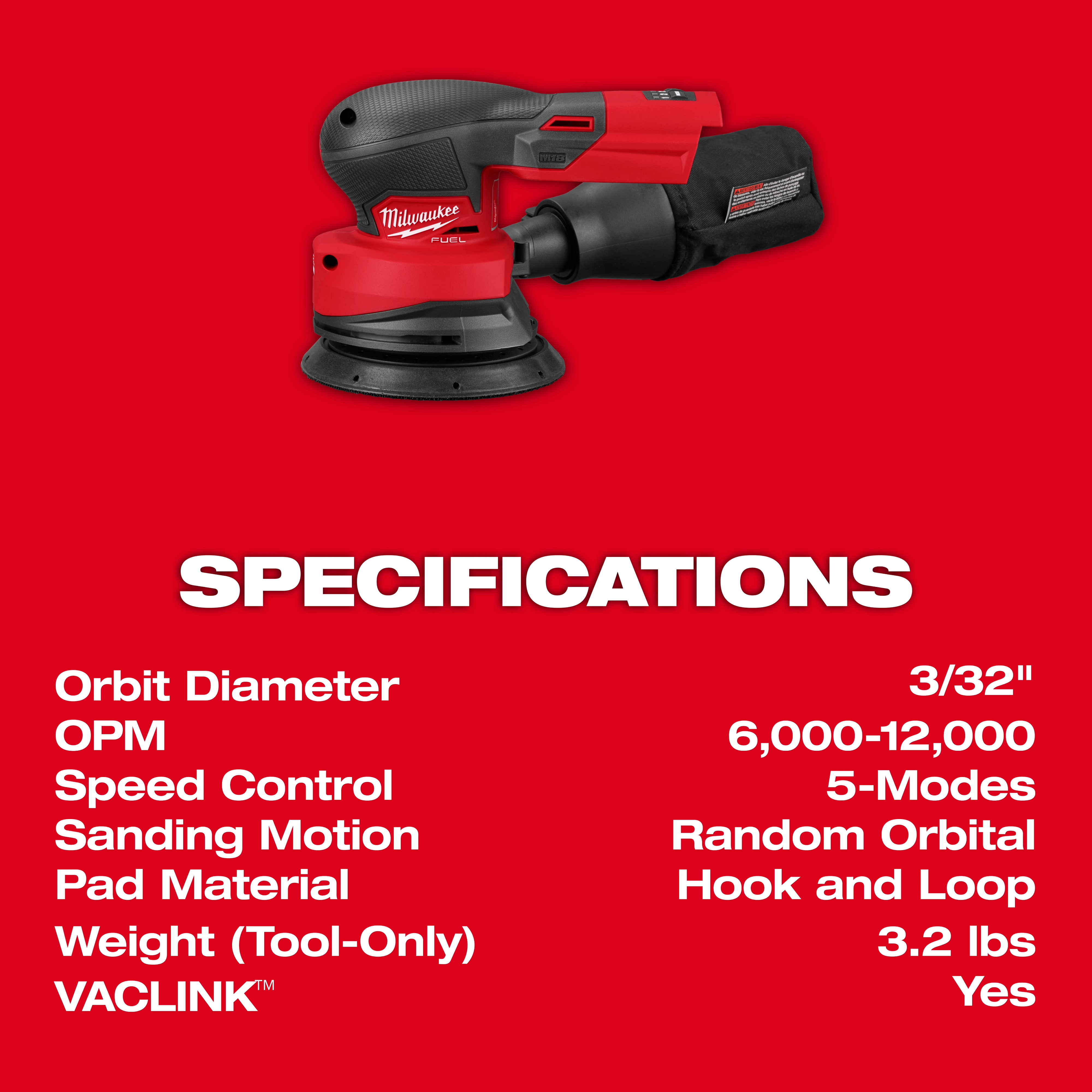 Red random orbital sander image with specifications: 3/32" orbit diameter, 6,000-12,000 OPM, 5