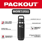 Walkaround image of the Milwaukee PACKOUT 24oz Insulated Bottle with Chug Lid in black highlighting its USPs