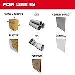 For use in Wood & screws, EMT, Cement Board, Plaster, PVC, Drywall, and Plywood