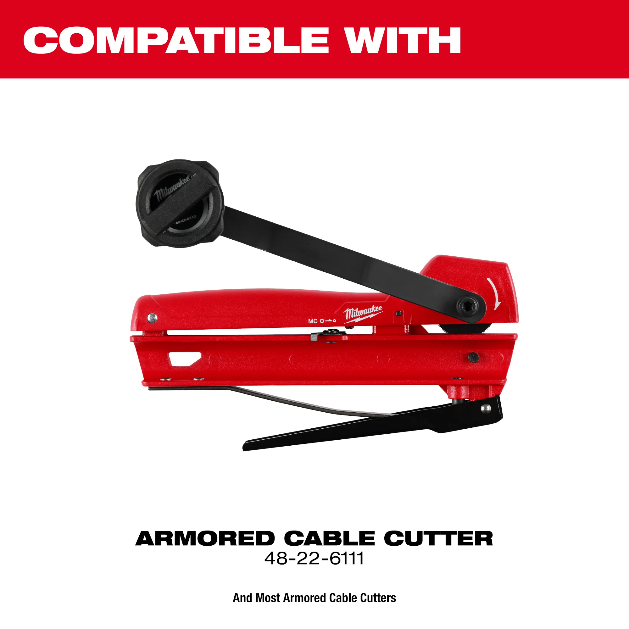 Image of the Milwaukee Armored Cable Cutter Replacement Blade with the text "compatible with"