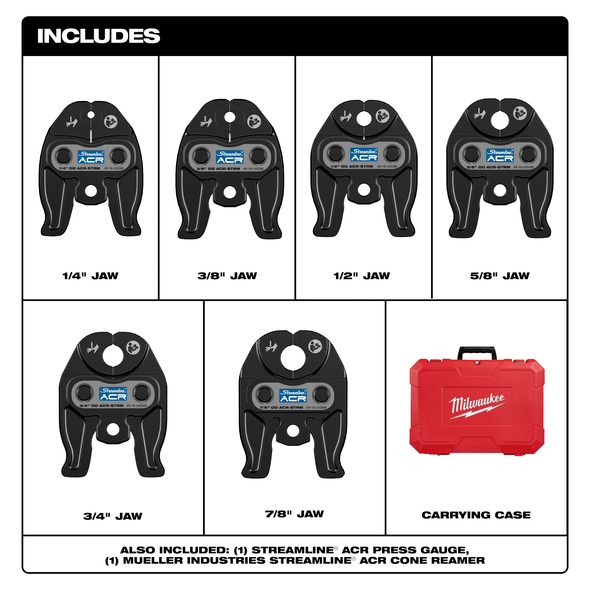 Includes image of the Milwaukee 1/4" - 7/8" Streamline ACR Press Jaw Kit for M12 FORCE LOGIC Press Tool