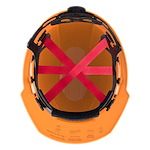 Top view of an orange safety helmet with red interior straps and black padding.