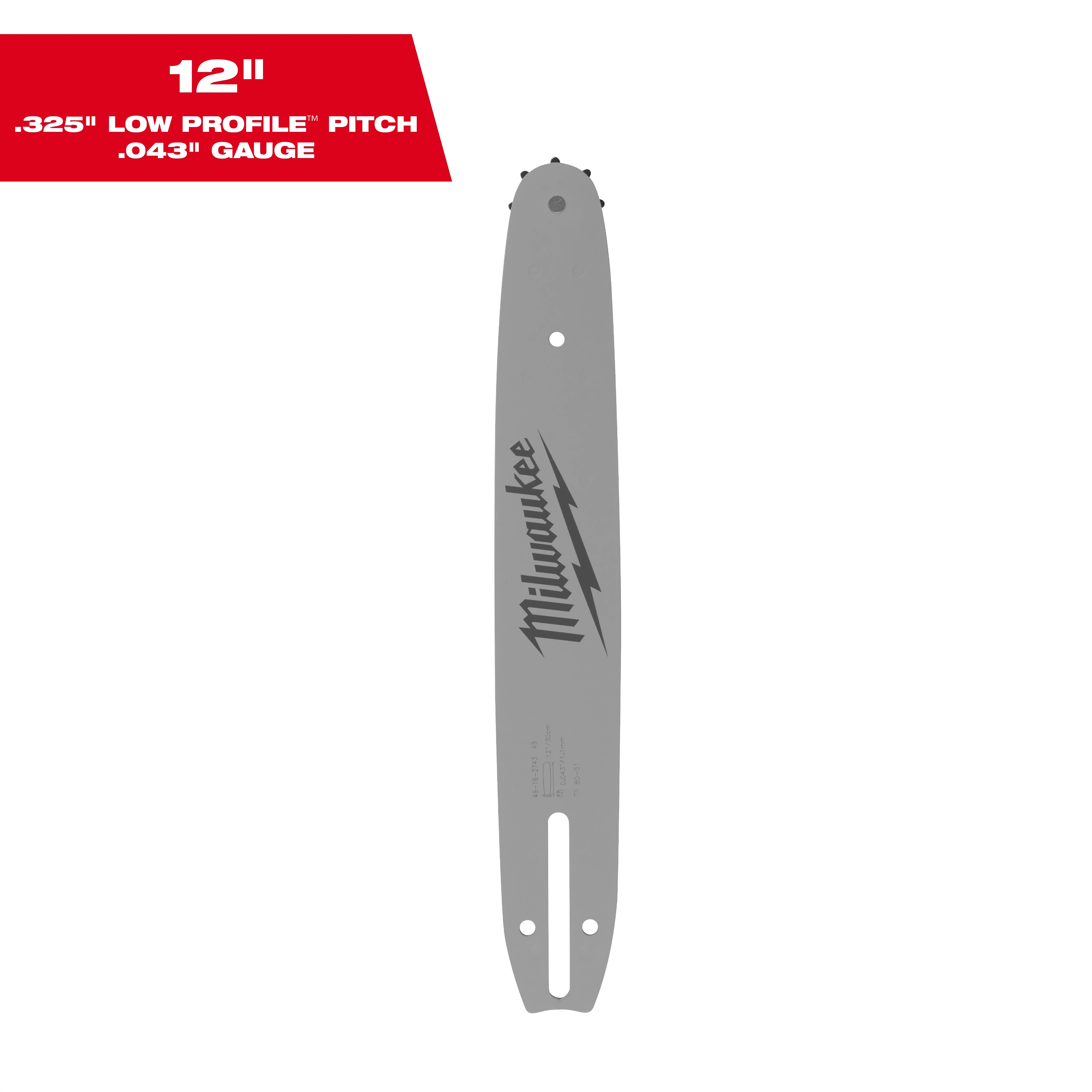 Image of a Milwaukee chainsaw bar. The bar is gray with the Milwaukee logo and lightning bolt design on it. It is labeled as 12 inches in length with a .325" low profile pitch and .043" gauge. The measurement specifications are displayed in a red rectangular box at the top left corner of the image.