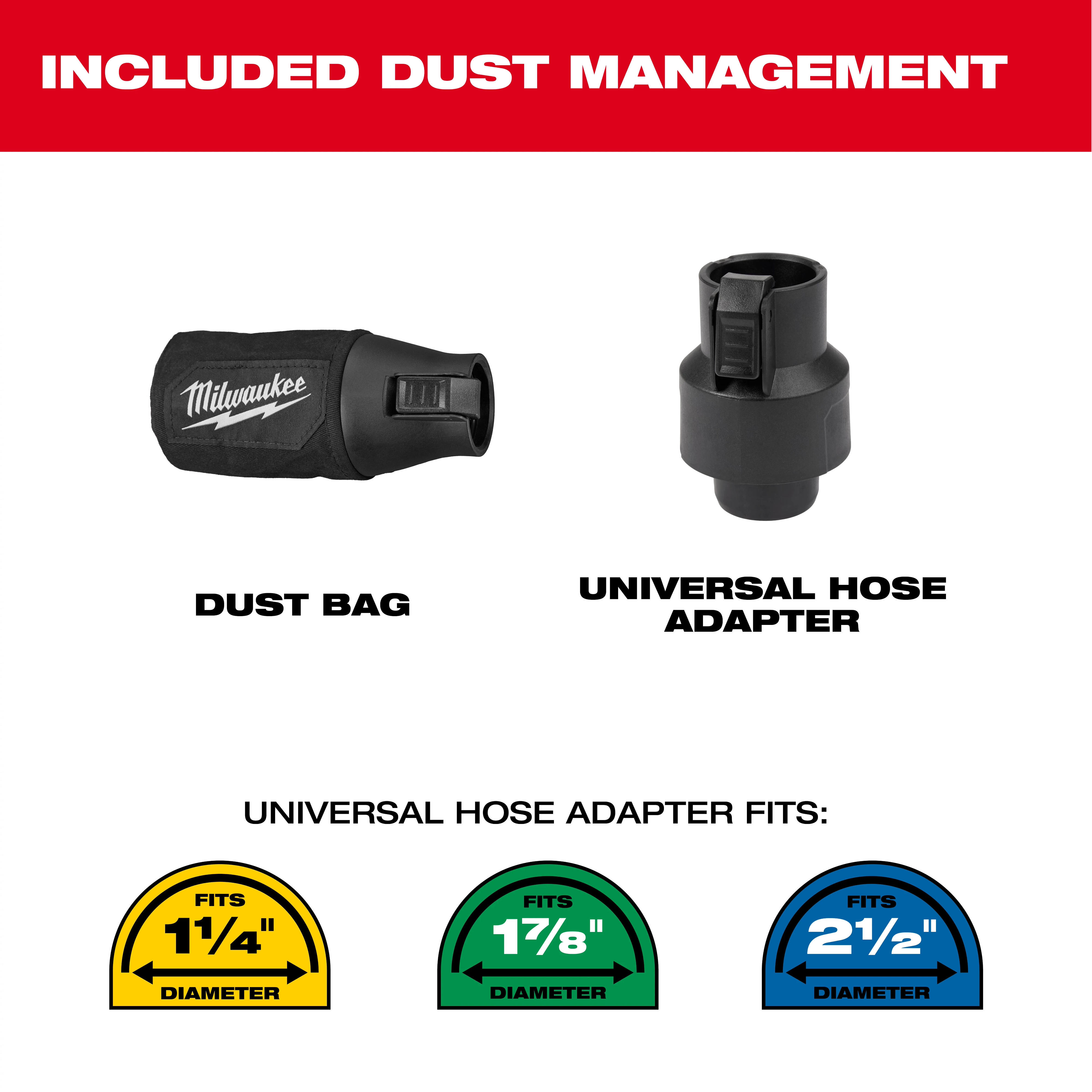 "Milwaukee dust bag and universal hose adapter fitting 1-1/4", 1-7/8", and 2-1/