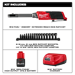 Kit includes the INSIDER Extended Reach Box Ratchet, Sockets & Adapters, CP2.5 M12 Battery, and M12 Battery Charger