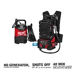 The MX FUEL™ Portable Pump Power Base is shown with a red and black pump next to a portable power base. Text highlights its features: "No generator, pumps anywhere," "Shuts off at 2" w/ auto-mode," and "40 min 2,800 gal per charge on auto-mode."