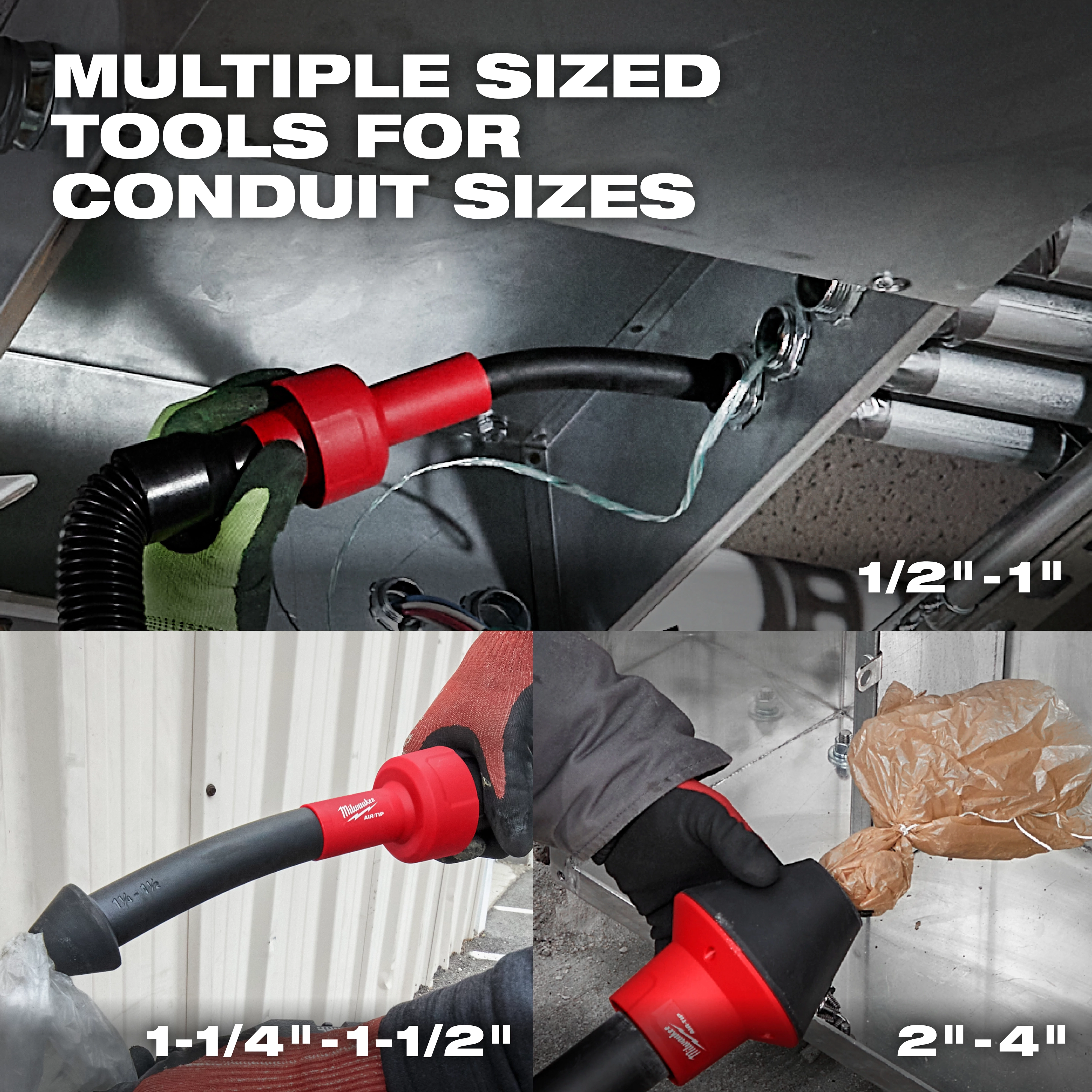 The image shows the AIR-TIP™ Conduit Line Puller Kit, featuring multiple sized tools for various conduit sizes. The tools are shown being used with conduit diameters of 1/2"-1", 1-1/4"-1-1/2", and 2"-4". The kit components are red and are used by individuals in work gloves.