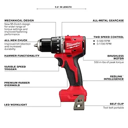 Compact Brushless 1/2" Hammer Drill/Driver is 5.8" in length