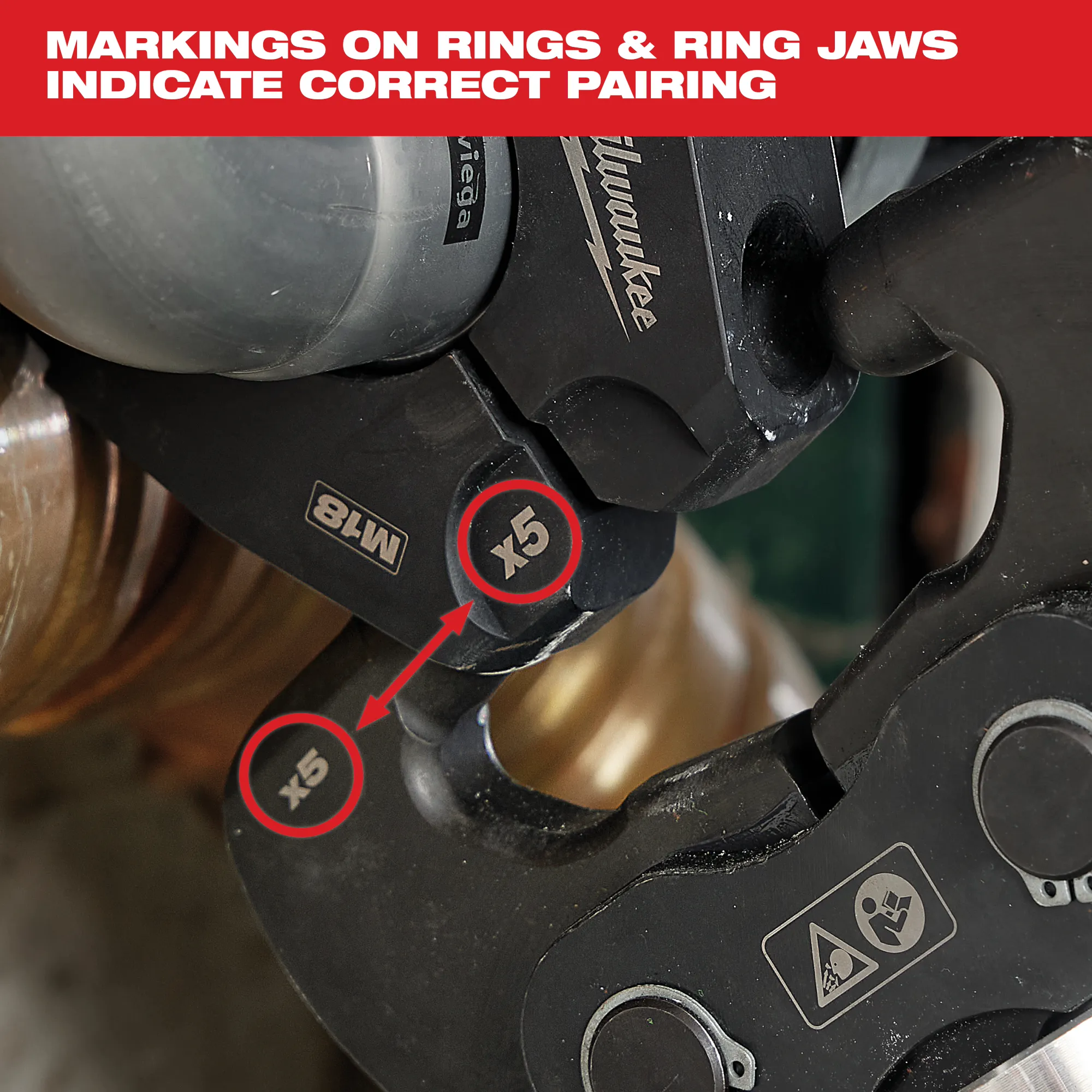 Close up image of the Milwaukee IPS Ring Jaw with the text "Markings on rings & ring jaws indicate correct pairing"